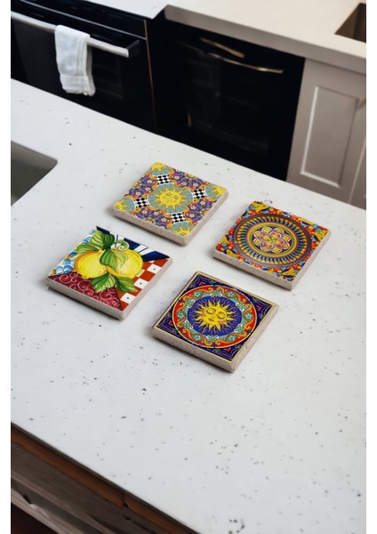 Elite Italyan Tile Desenli Doğal Taş Traverten Bardak Altlığı 4 Lü Set 1 Adet