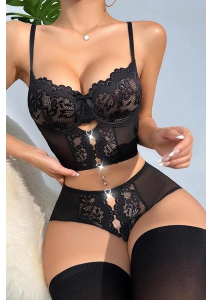 Özel Bölgesi Açık Siyah Dantelli Büstiyer Takım modelleri