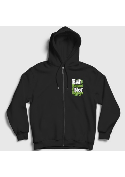Unisex Siyah Beans Vegan Vegetarian Vejetaryen Fermuarlı Kapüşonlu Sweatshirt