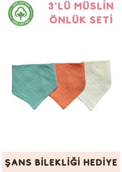 Elite %100 Pamuk Muslin Bebek Önlüğü - 3'lü Set (Nil Yeşili-Kiremit-Krem) 1 Adet
