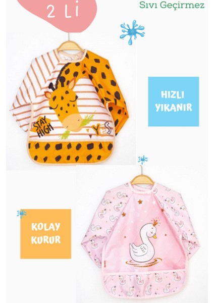 Elite 2 Li Zürafa ve Kuğu Desenli Uzun Kollu Bebek Mama Önlüğü 1 Adet