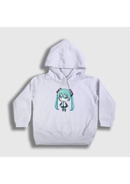 Unisex Çocuk Beyaz Hatsune Miku Chibi Anime Kapüşonlu Sweatshirt