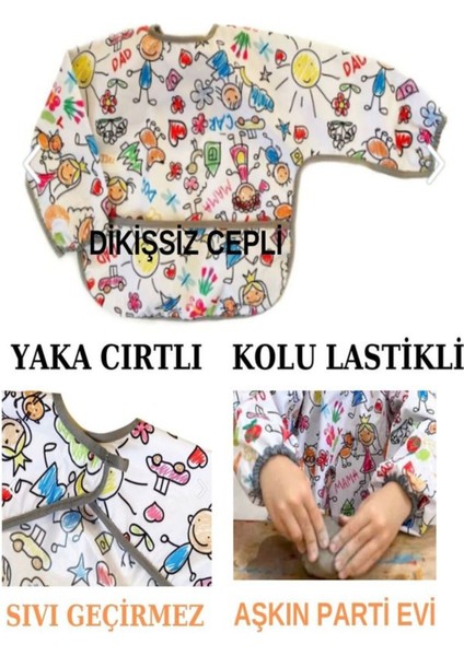 2-4 Yaş, Family, Sıvı Geçirmez, Cepli, Makinede Yıkanabilir, Cırtlı, Uzun Kollu Bebek Mama Önlüğü 1 Adet
