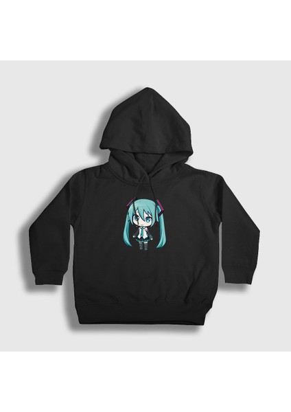 Unisex Çocuk Siyah Hatsune Miku Chibi Anime Kapüşonlu Sweatshirt