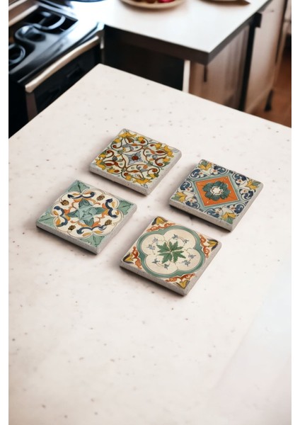 Elite Yeşil Tile Desen Temalı Doğal Taş Traverten Bardak Altlığı 4 Lü Set 1 Adet
