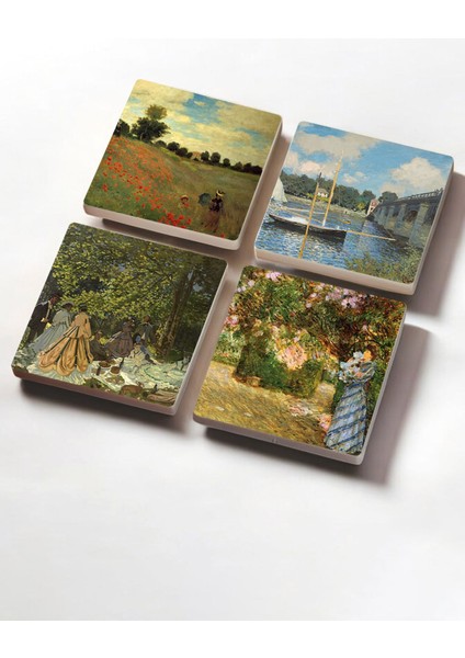 Claude Monet Bahçede, Kırda Öğle Yemeği, Argenteuil'de Köprü, Gelincikler Taş Bardak Altlığı 4lü Set