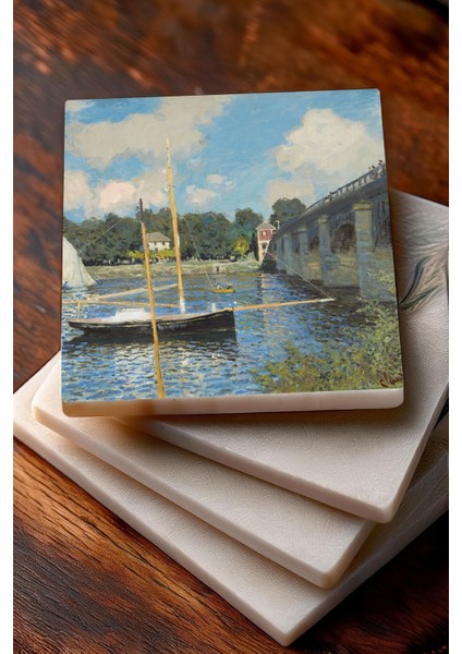 Claude Monet Bahçede, Kırda Öğle Yemeği, Argenteuil'de Köprü, Gelincikler Taş Bardak Altlığı 4lü Set
