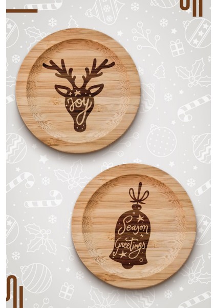 Joyful Seasons (Yılbaşı) Tasarım Ahşap Bardak Altığı/kapağı - Bambu 2 Adet (9cm) - Benzeriyok