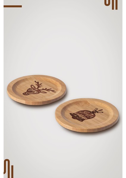Joyful Seasons (Yılbaşı) Tasarım Ahşap Bardak Altığı/kapağı - Bambu 2 Adet (9cm) - Benzeriyok