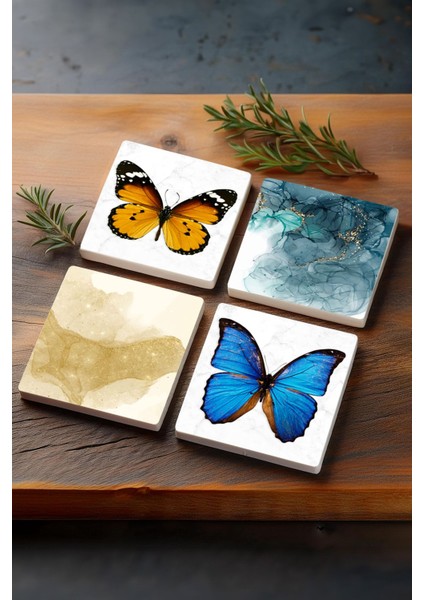 Kelebek, Soyut Sanat Taş Bardak Altlığı Masaüstü Koruyucu Altlık 4 Parça Set 10X10CM Stone Coasters