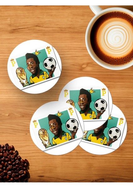 Pele Brezilya Efsane Futbolcu Portre Tasarım 4'lü Ahşap Bardak Altlığı