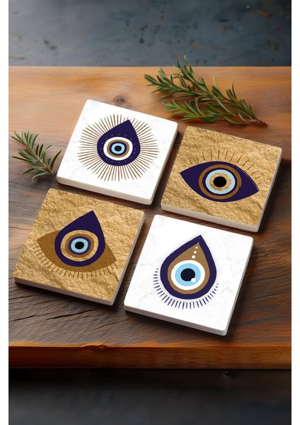 Nazar Taş Bardak Altlığı Masaüstü Koruyucu Altlık 4 Parça Set 10X10CM Stone Coasters SC248