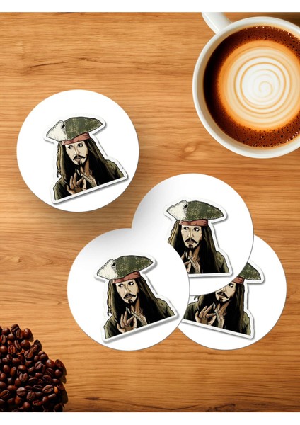 Karayip Korsanları Severlere Jack Sparrow Sticker 4'lü Ahşap Bardak Altlığı