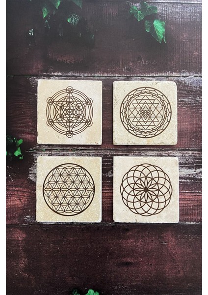 Elite Lotus, Sri Yantra, Yaşam Çiçeği, Metatron Doğal Taş Traverten Bardak Altlığı 4 Lü Set 1 Adet