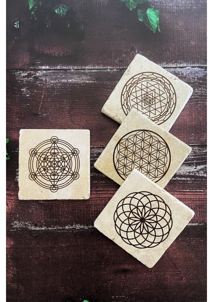 Elite Lotus, Sri Yantra, Yaşam Çiçeği, Metatron Doğal Taş Traverten Bardak Altlığı 4 Lü Set 1 Adet modelleri