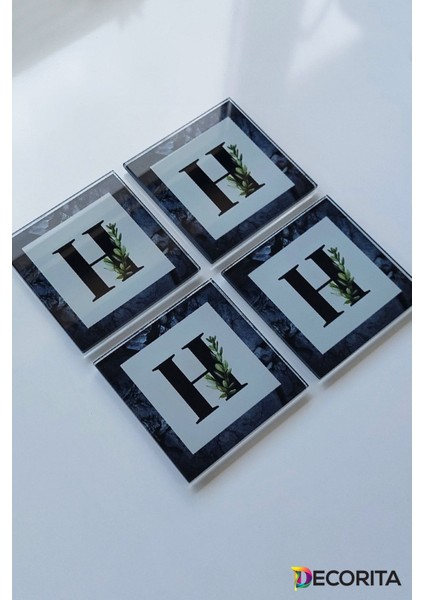 Elite Cam Bardak Altlığı | Harfli Tasarım | 4'lü Takım | H | 10CM x 10CM 1 Adet modelleri