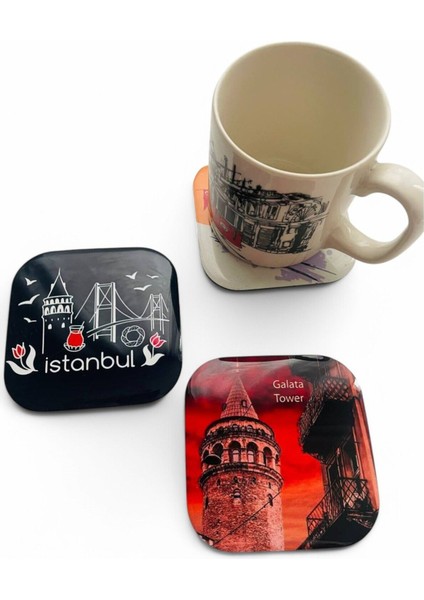 Elite Bardak Altlığı Üç (3) Adet Coaster, Istanbul Temalı Galata Kulesi Temalı Bardak Altı Seti, Coasters 1 Adet