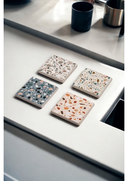 Elite Renkli Terrazzo Temalı Doğal Taş Traverten Bardak Altlığı 4 Lü Set 1 Adet