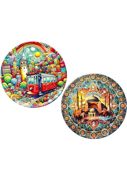 Elite 2 Adet Bardak Altlığı, Desenli Coaster, 2'li Set Mantar Tabanlı Bardak Altlığı 9cm Istanbul, Tramvay 1 Adet