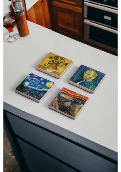 Elite Van Gogh Eserleri ve Tabloları Temalı Doğal Taş Traverten Bardak Altlığı 4 Lü Set 1 Adet