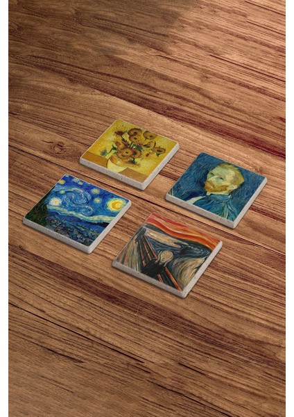 Elite Van Gogh Eserleri ve Tabloları Temalı Doğal Taş Traverten Bardak Altlığı 4 Lü Set 1 Adet fırsatları