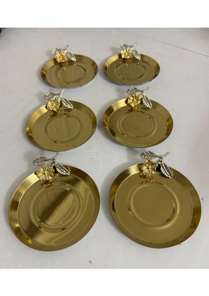 Çelik Gold Renk 6 Adet Yapraklı Gül Aksesuarlı Çay Tabağı Bardak Altlığı