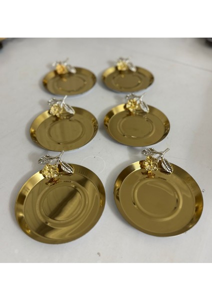 Çelik Gold Renk 6 Adet Yapraklı Gül Aksesuarlı Çay Tabağı Bardak Altlığı