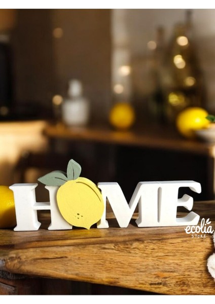 Elite Dekoratif Home Yazılı Limon Detaylı Masa ve Raf Süsü – 15 cm Modern Ev ve Mutfak Dekoru 1 Adet