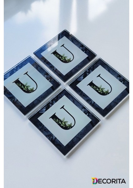 Elite Cam Bardak Altlığı | Harfli Tasarım | 4'lü Takım | U | 10CM x 10CM 1 Adet modelleri