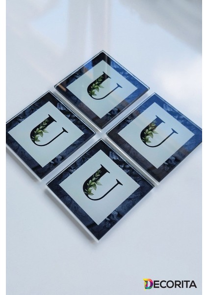 Elite Cam Bardak Altlığı | Harfli Tasarım | 4'lü Takım | U | 10CM x 10CM 1 Adet fırsatları