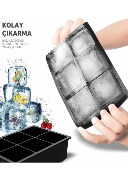 Elite 3 Adet Xl Buz Kalıbı 6 Bölmeli Silikon Kare Buz Kalıbı Viski, Kokteyl, Içecek Buz Kalıbı Kapaksız 1 Adet