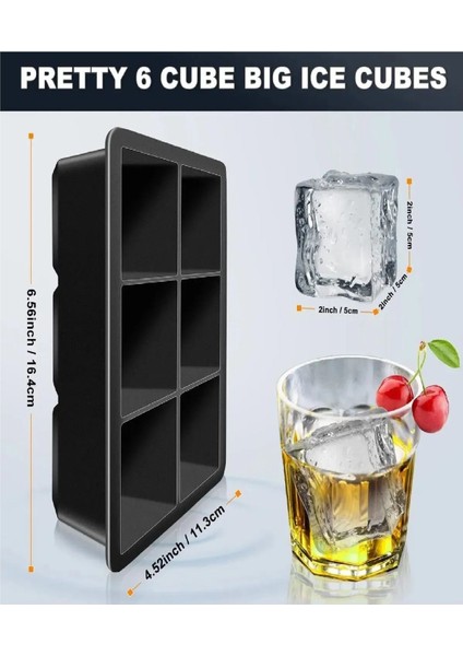 Elite 3 Adet Xl Buz Kalıbı 6 Bölmeli Silikon Kare Buz Kalıbı Viski, Kokteyl, Içecek Buz Kalıbı Kapaksız 1 Adet