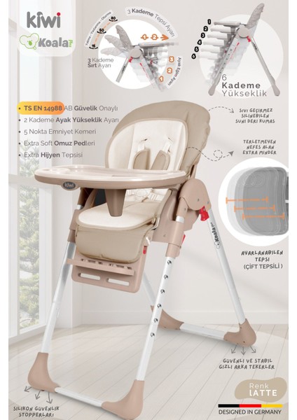 Elite Koala Mama Sandalyesi Portatif Katlanır Yükseklik Ayarlı Tekerlekli Içi Pedli - Latte Renk 1 Adet