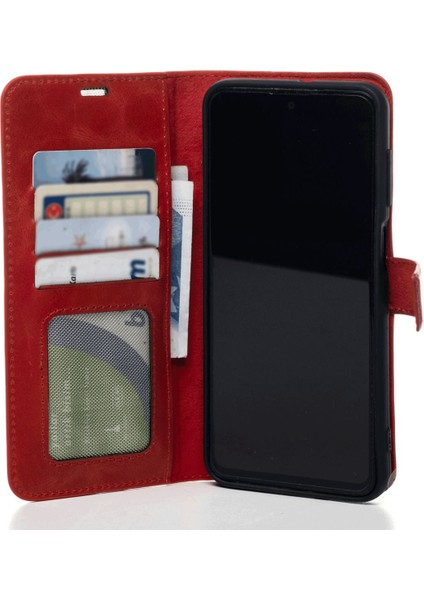 Kırmızı iPhone 15 Plus Hakiki Deri Cüzdan Kılıf Kapaklı Mıknatıslı Kartlık Bölmeli Cüzdanlı Stand Özellikli