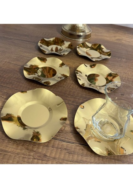 Elite Çelik Gold Renk Dalgalı Model 6 Adet Çay Tabağı Bardak Altlığı 1 Adet