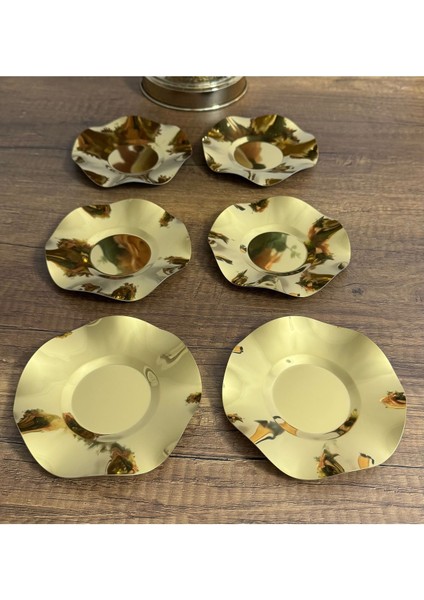Elite Çelik Gold Renk Dalgalı Model 6 Adet Çay Tabağı Bardak Altlığı 1 Adet