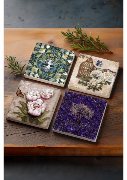 Hayat Ağacı, Kelebekli Çiçek Taş Bardak Altlığı Masaüstü Koruyucu Altlık 4 Parça Set 10X10CM