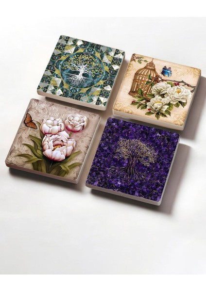 Hayat Ağacı, Kelebekli Çiçek Taş Bardak Altlığı Masaüstü Koruyucu Altlık 4 Parça Set 10X10CM
