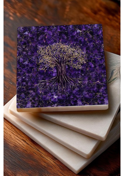 Hayat Ağacı, Kelebekli Çiçek Taş Bardak Altlığı Masaüstü Koruyucu Altlık 4 Parça Set 10X10CM