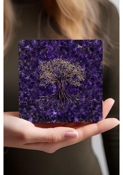 Hayat Ağacı, Kelebekli Çiçek Taş Bardak Altlığı Masaüstü Koruyucu Altlık 4 Parça Set 10X10CM