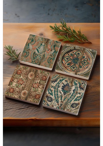 Vintage Desen Taş Bardak Altlığı Masaüstü Koruyucu Altlık 4 Parça Set 10X10CM Stone Coasters