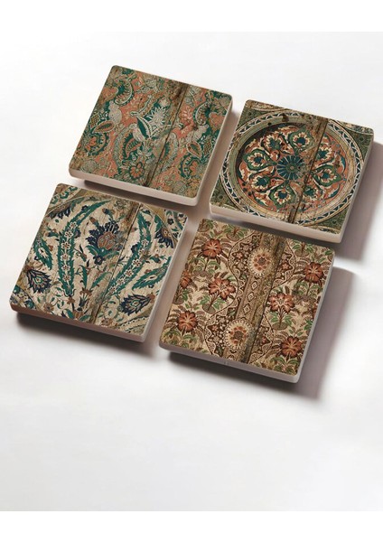 Vintage Desen Taş Bardak Altlığı Masaüstü Koruyucu Altlık 4 Parça Set 10X10CM Stone Coasters