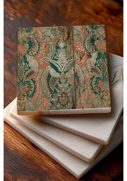 Vintage Desen Taş Bardak Altlığı Masaüstü Koruyucu Altlık 4 Parça Set 10X10CM Stone Coasters