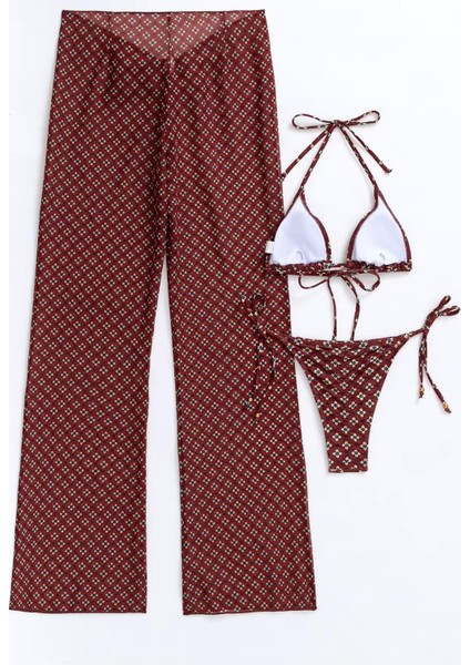 Kahverengi Desenli Üçlü Bikini Takımı