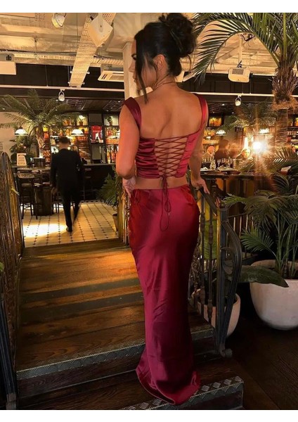 Drapeli Korse Büstiyerli Bordo Saten Ikili Takım modelleri
