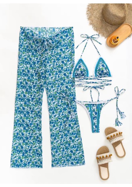 Mavi Desenli Üçlü Bikini Takımı fırsatları