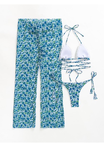 Mavi Desenli Üçlü Bikini Takımı indirimleri