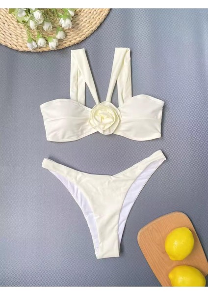 Krem Gül Detaylı 3'lü Bikini Takımı indirimleri