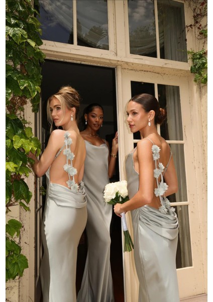 Açık Yeşil Aplike Detaylı Saten Elbise