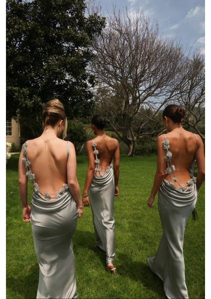 Açık Yeşil Aplike Detaylı Saten Elbise fiyatları